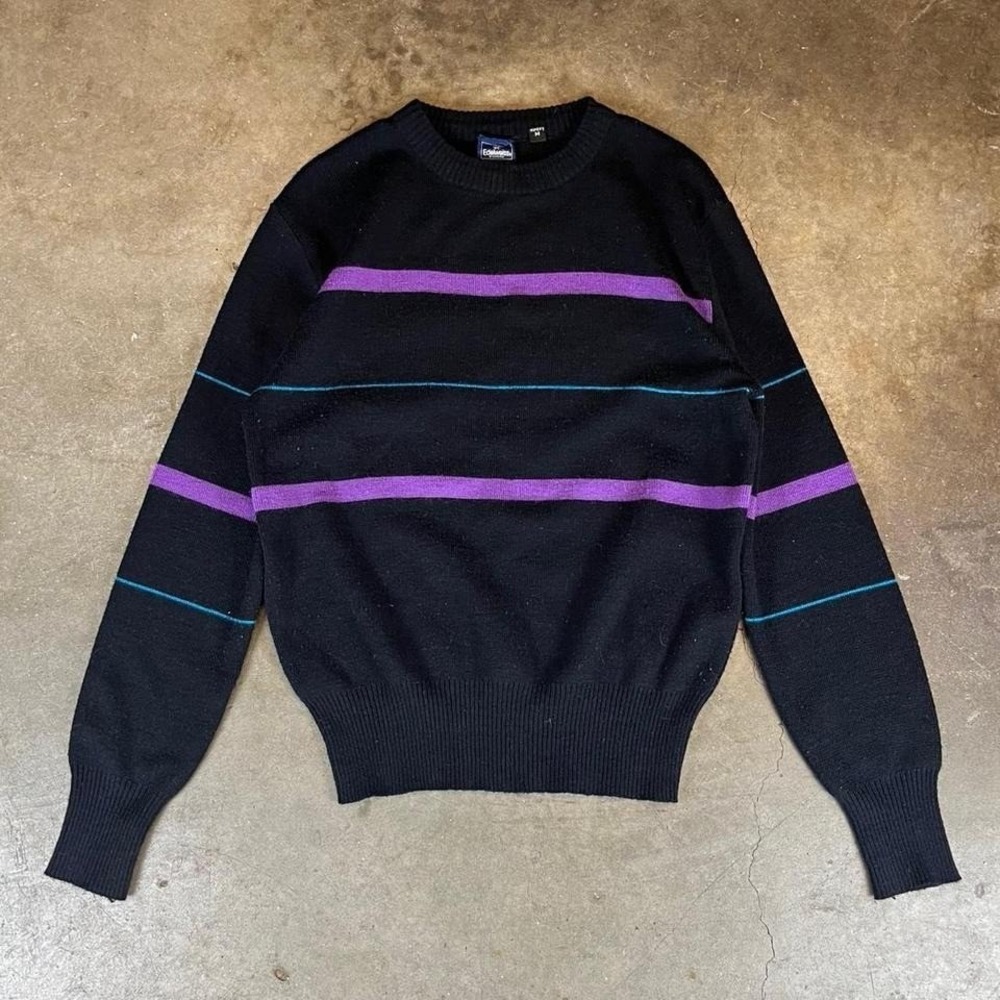 Vintage Edelweiss White Stag Striped Sweater Womens Medium Black Purple Wool Mix